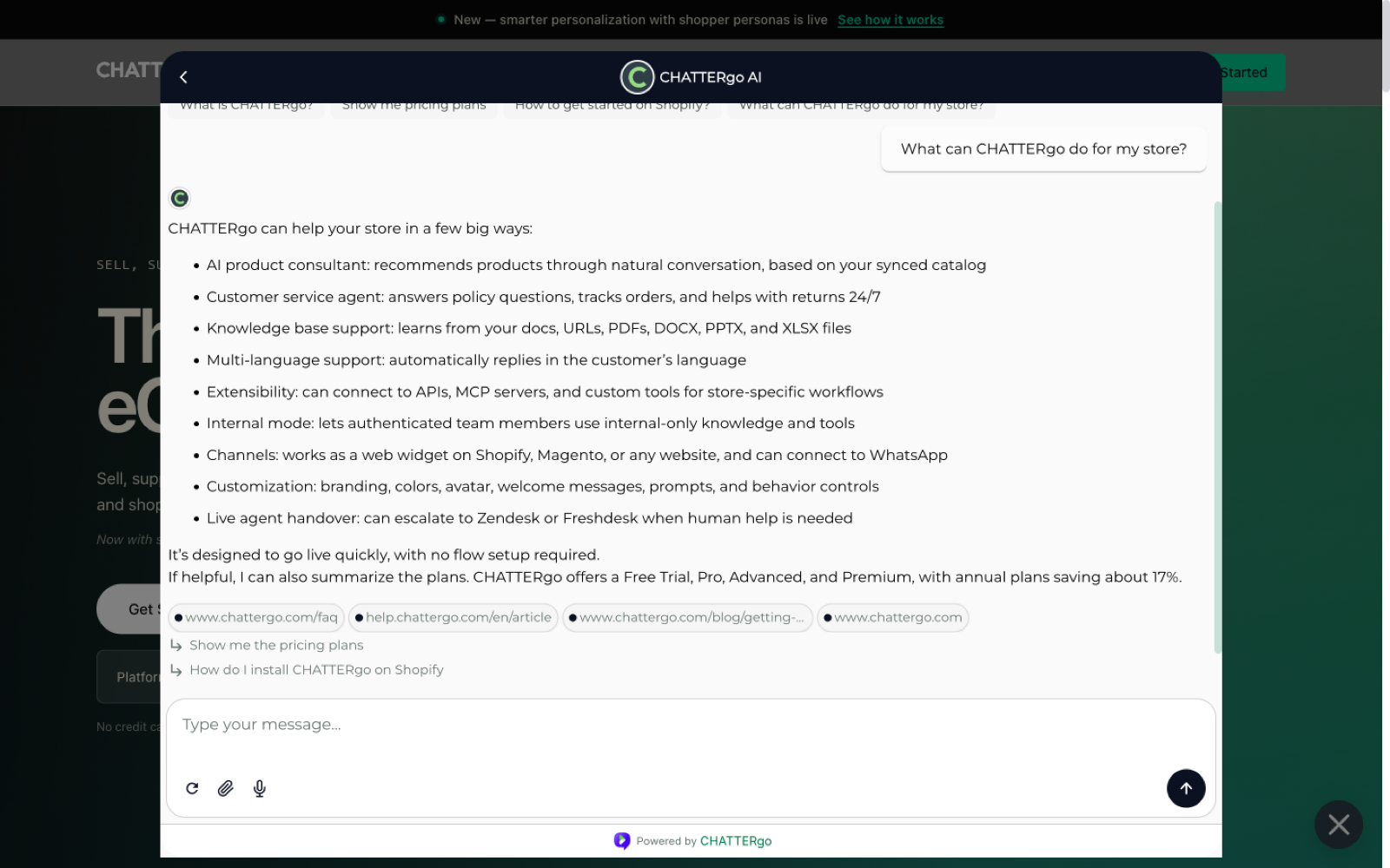 The widget answering a shopper question with suggestions and citations