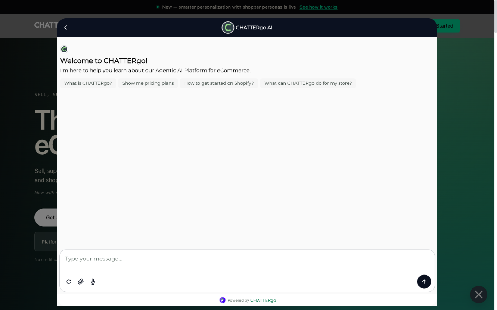 The CHATTERgo widget open with a welcome message and suggested questions
