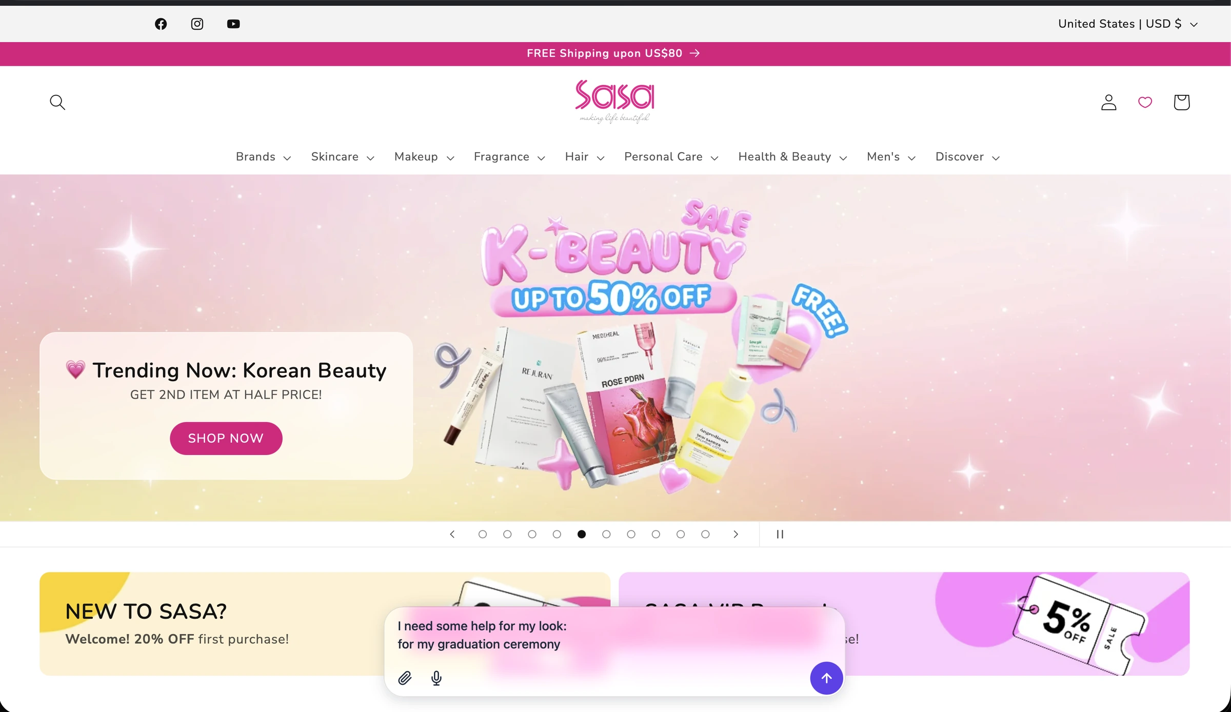 SaSa.com storefront with the CHATTERgo ask bar visible at the bottom