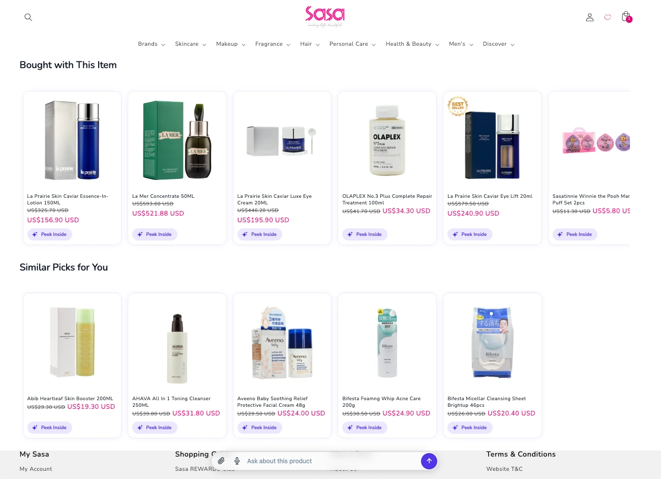 SaSa product page with Bought with This Item and Similar Picks for You recommendation rails, and the CHATTERgo ask bar