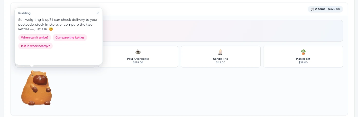 Product consultant avatar with a message bubble, suggested questions, and product cards on a storefront